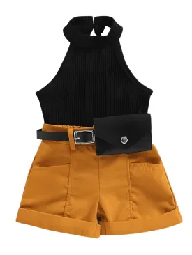 Baby Girls Outfit Sleeveless Halter Neck Ribbed Top Shorts Fanny Pack Set