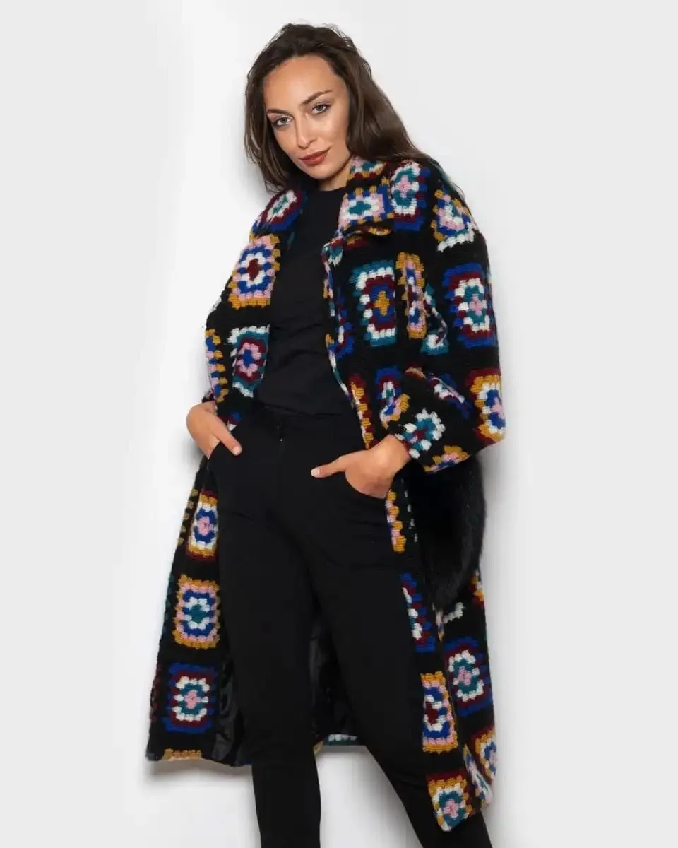 Black Crochet Patterned Fox Coat With Pockets