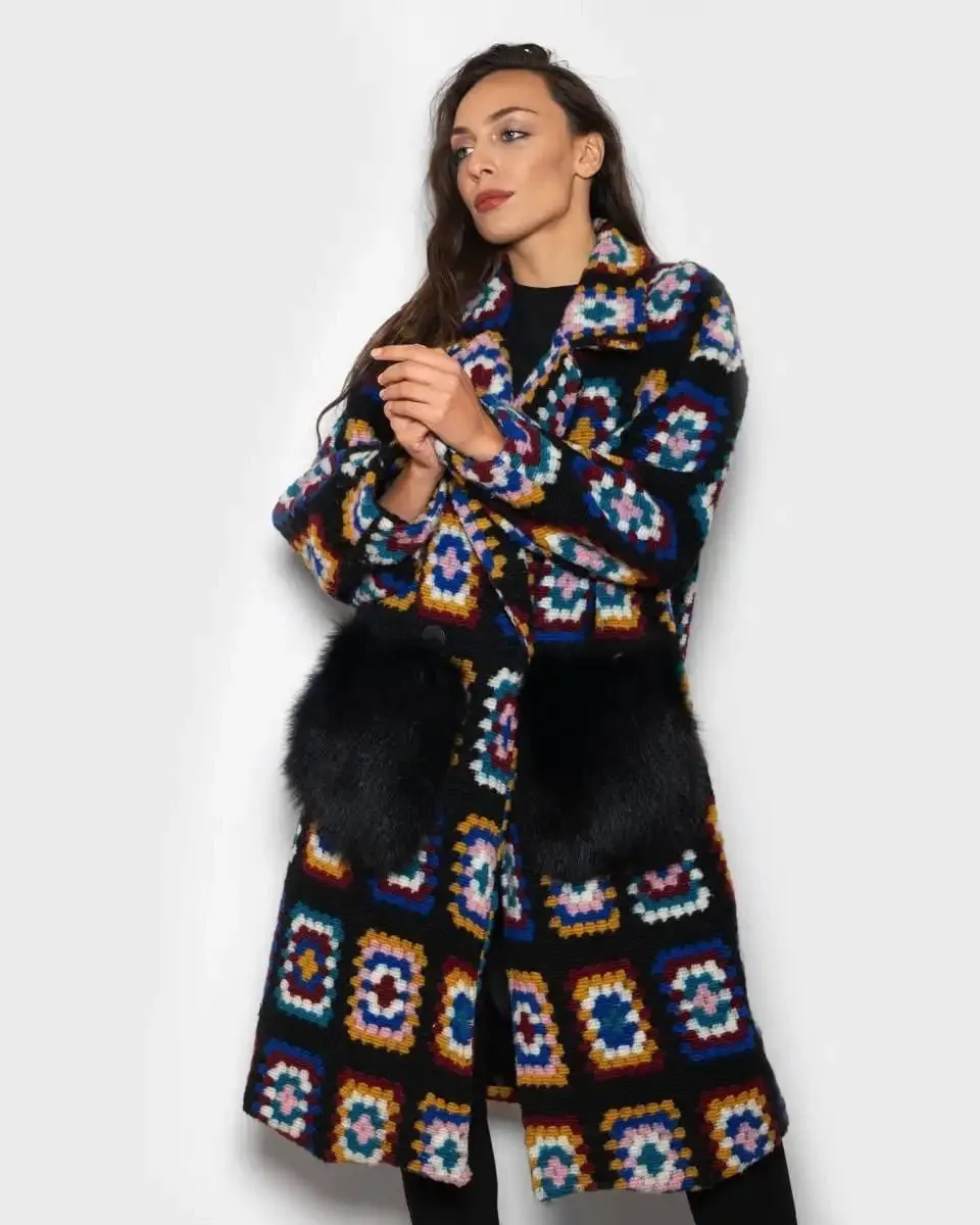 Black Crochet Patterned Fox Coat With Pockets