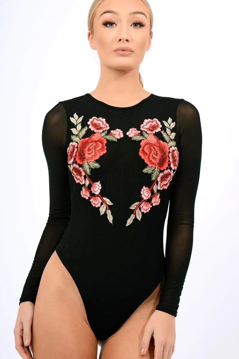 Black Long Sleeves Floral Mesh Bodysuit - Daphne