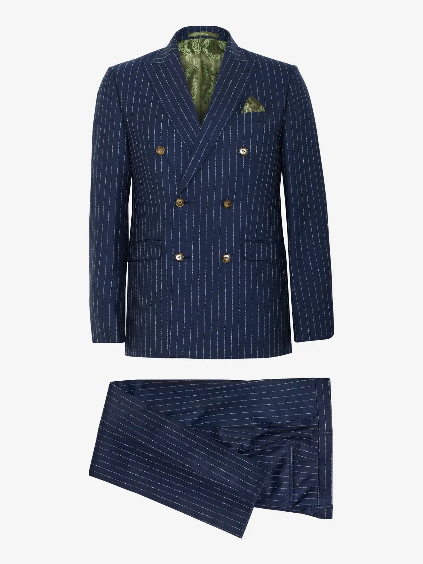 Chalk Stripe Italian Wool Double Breasted Peak Suit - Blue