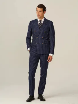 Chalk Stripe Italian Wool Double Breasted Peak Suit - Blue