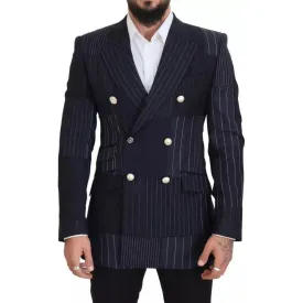 Dolce & Gabbana Blue Wool Patchwork Double Breasted Blazer