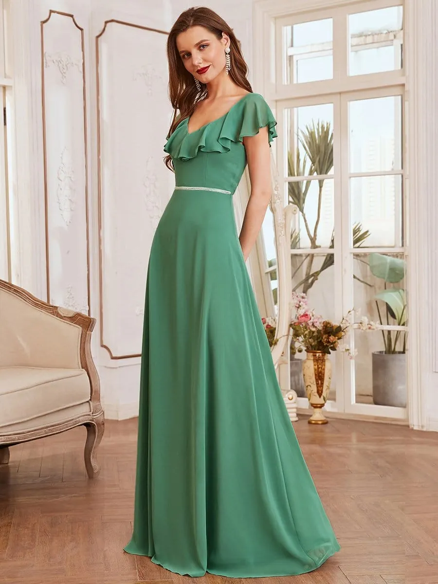 Elegant Maxi Long Flowy Chiffon Bridesmaid Dress with Sleeves