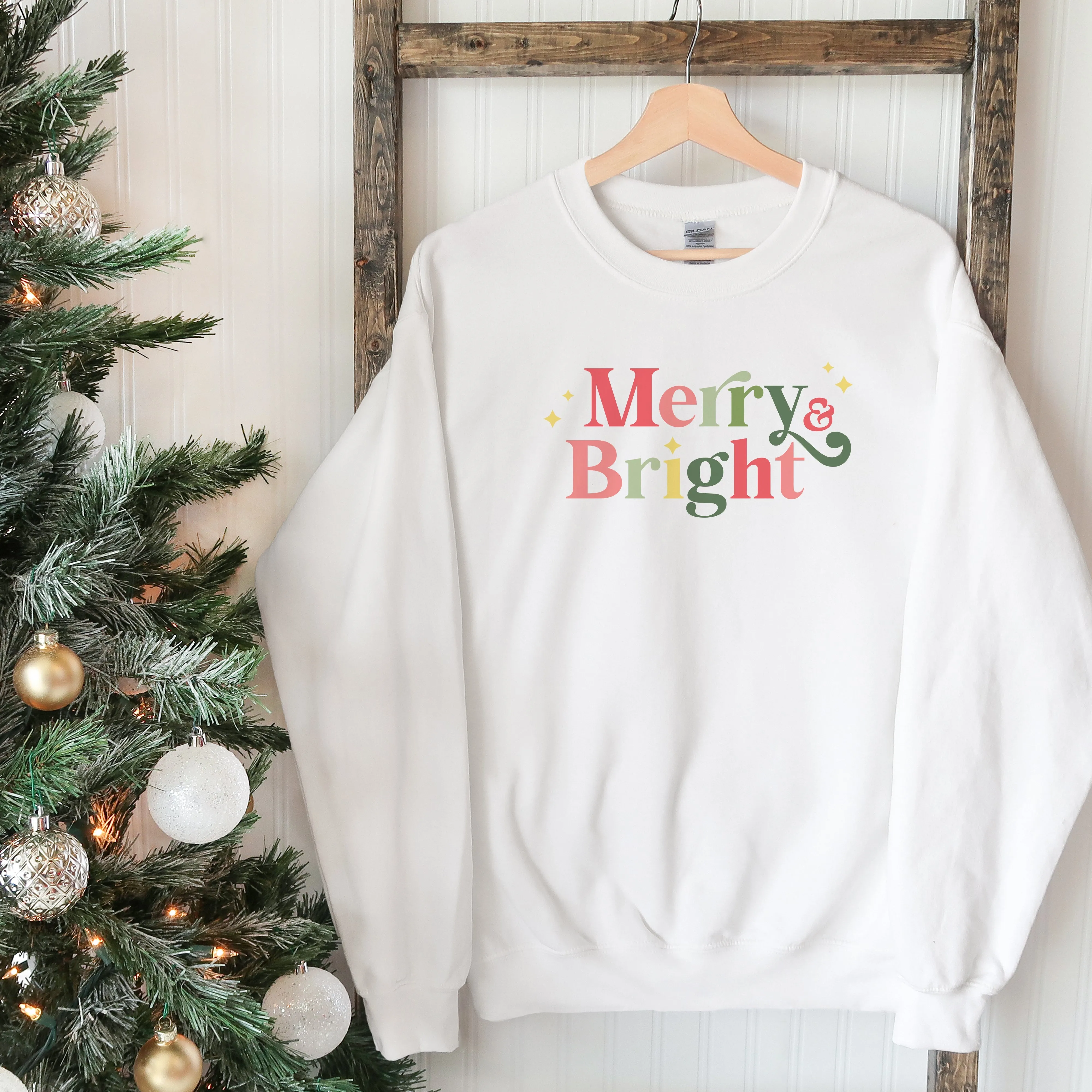 Holiday Merry & Bright Simple Retro Font Christmas Crewneck Sweatshirt