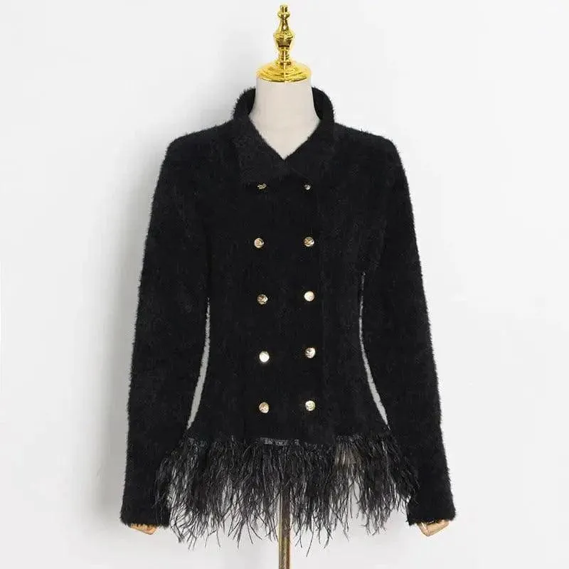 Lapel Long Sleeve Slim Double Breasted Tassel Coat Women