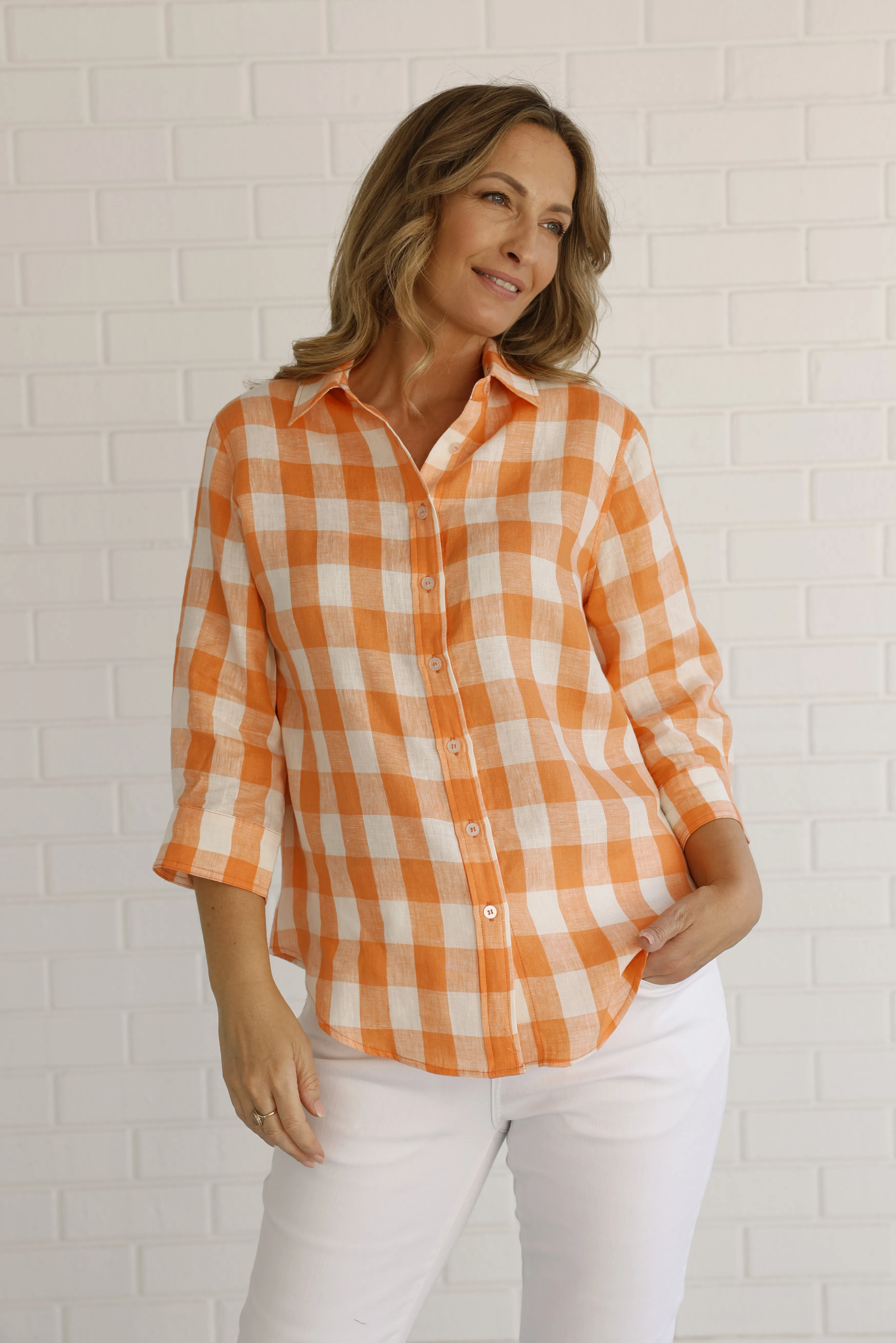 Linen Gingham 3/4 Sleeve Shirt Apricot/White