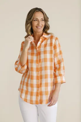 Linen Gingham 3/4 Sleeve Shirt Apricot/White