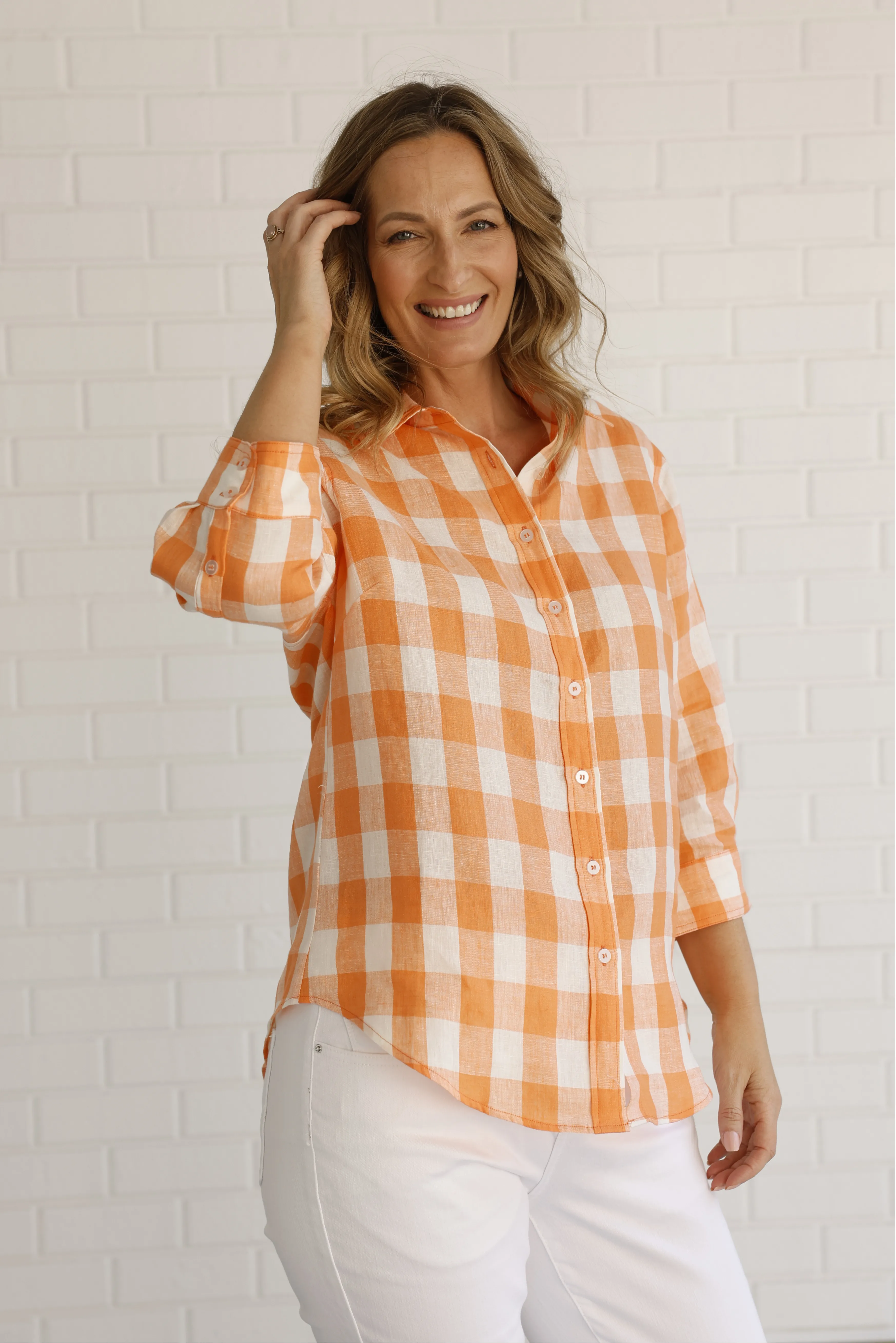 Linen Gingham 3/4 Sleeve Shirt Apricot/White