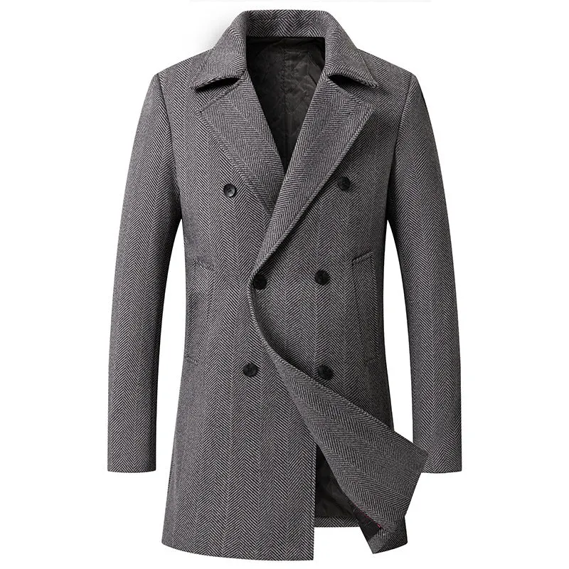 Men's Mid-length Tweed Trench Coat Plaid Double-breasted Wool Jacket