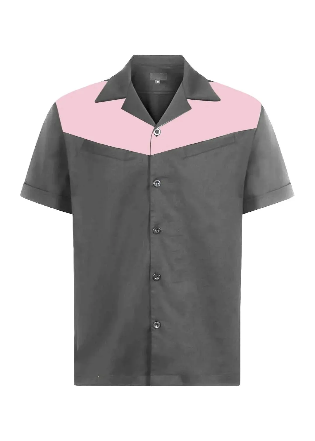 Mens Vintage Style Bowling Dress Shirt - Grey/Pink