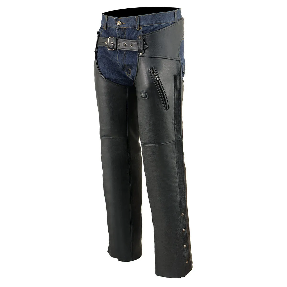 Milwaukee Leather MLM5513 Men's Black 'Heated' Leather Chaps with Zippered Thigh Pockets