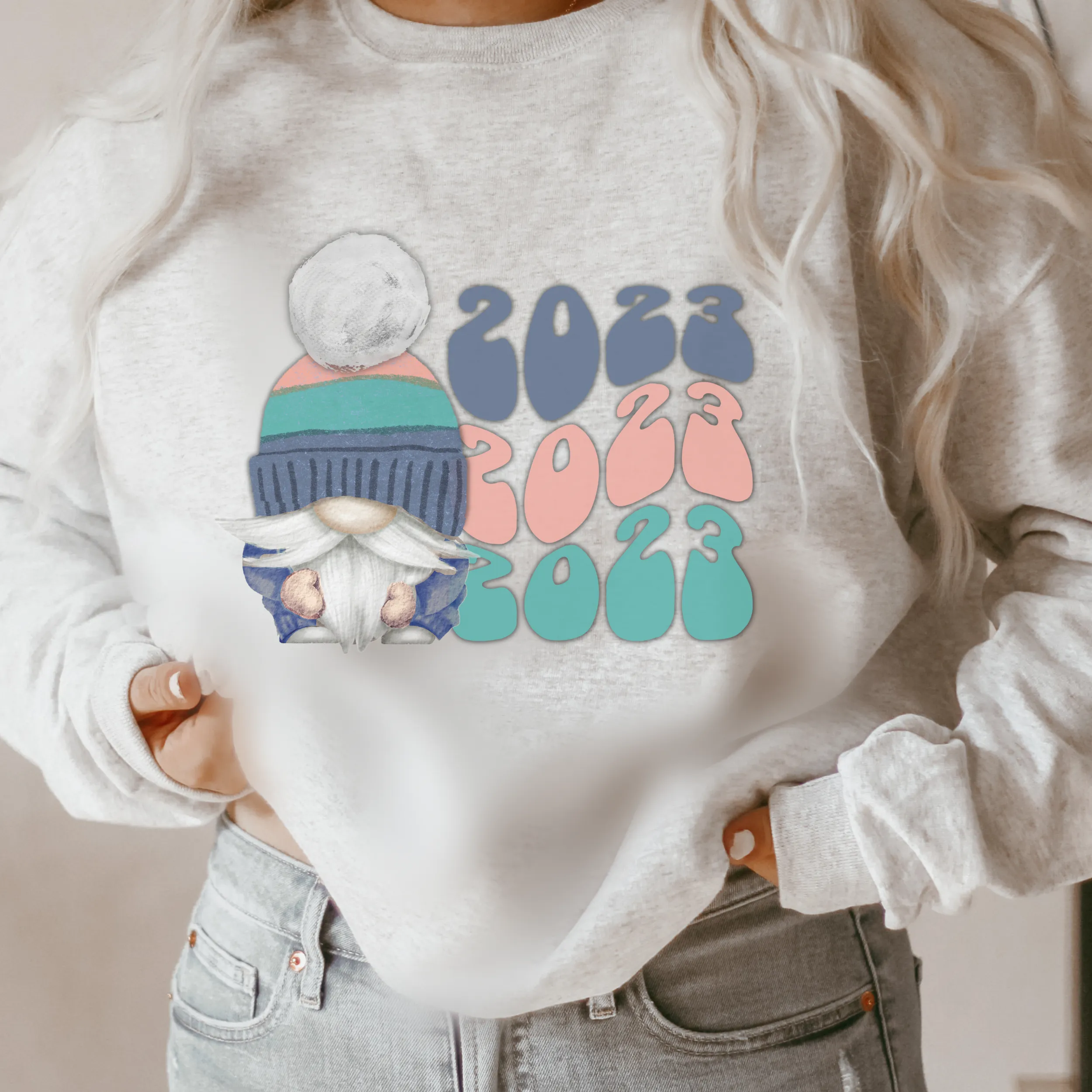 New Year's 2023 Gnome Retro Crewneck Women's Sweatshirt Soft, Cozy Crewneck Pullover in Ash or White Vintage Design