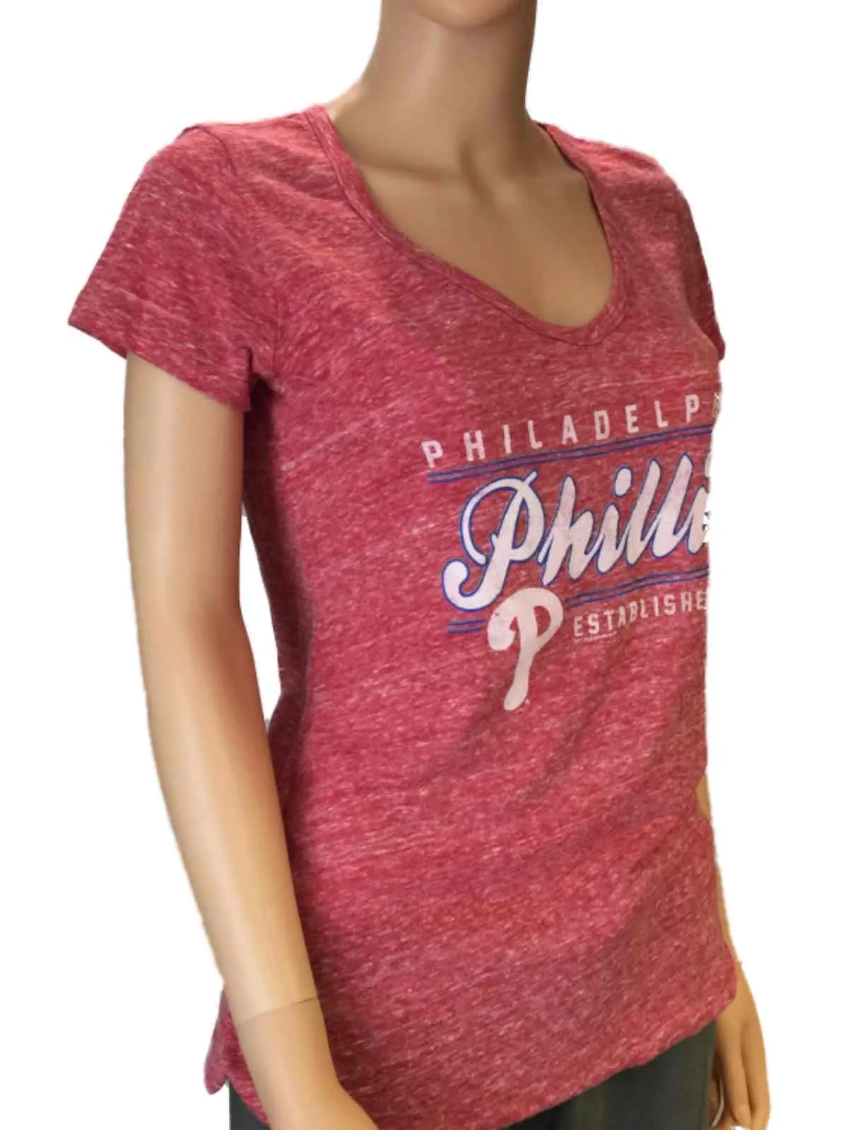 Philadelphia Phillies SAAG Women Red Loose Soft Baseball V-Neck T-Shirt