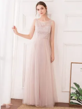 Romantic A-Line O-Neck Embroidery Tulle Bridesmaid Dress