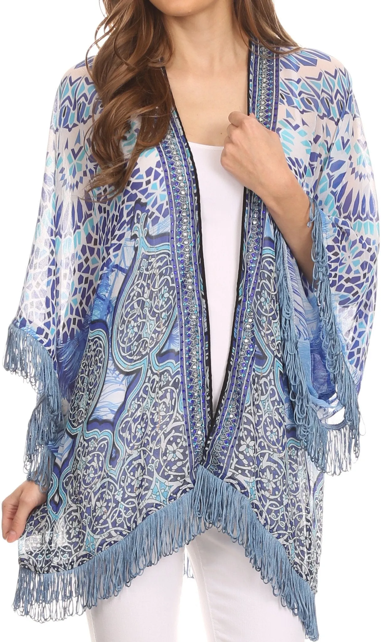 Sakkas Kimono Finley Sheer Kimono Top Cardigan Jacket With With Fringe And Design Print