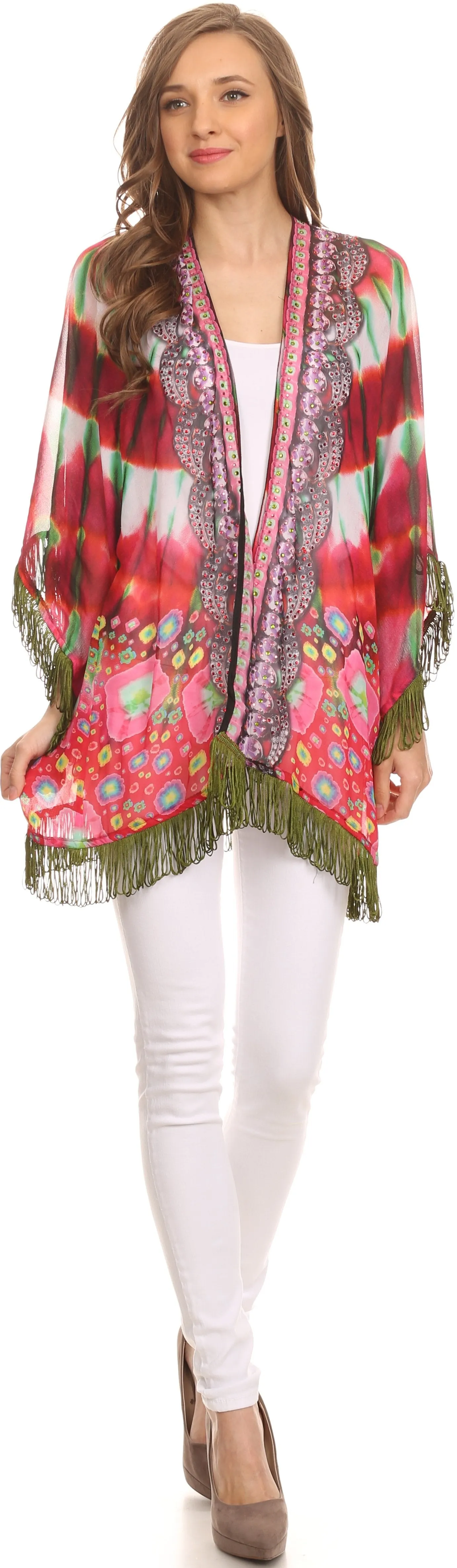 Sakkas Kimono Finley Sheer Kimono Top Cardigan Jacket With With Fringe And Design Print