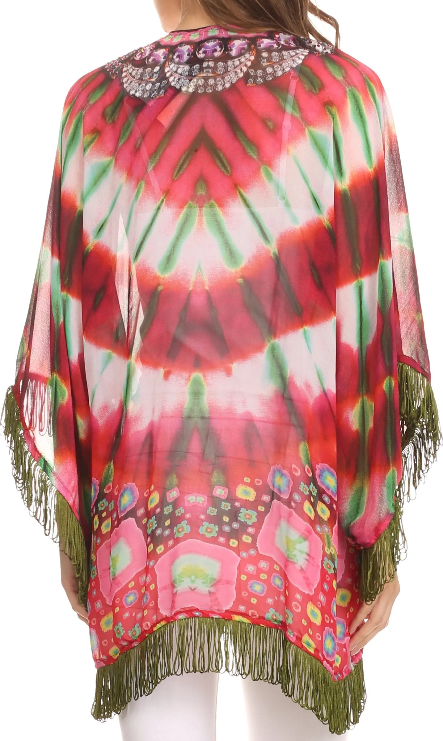 Sakkas Kimono Finley Sheer Kimono Top Cardigan Jacket With With Fringe And Design Print