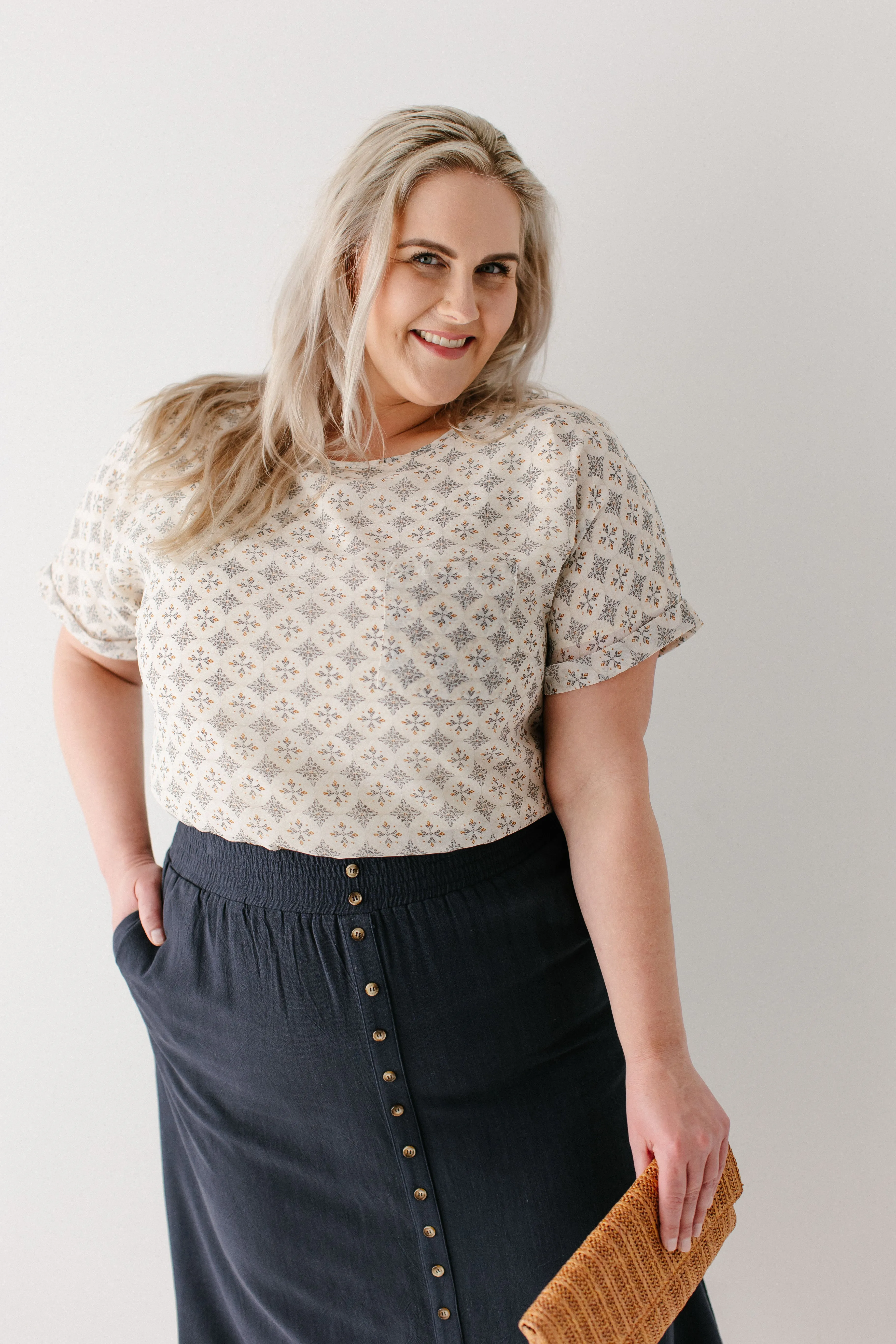 'Shalom' Geometric Print Top in Tan