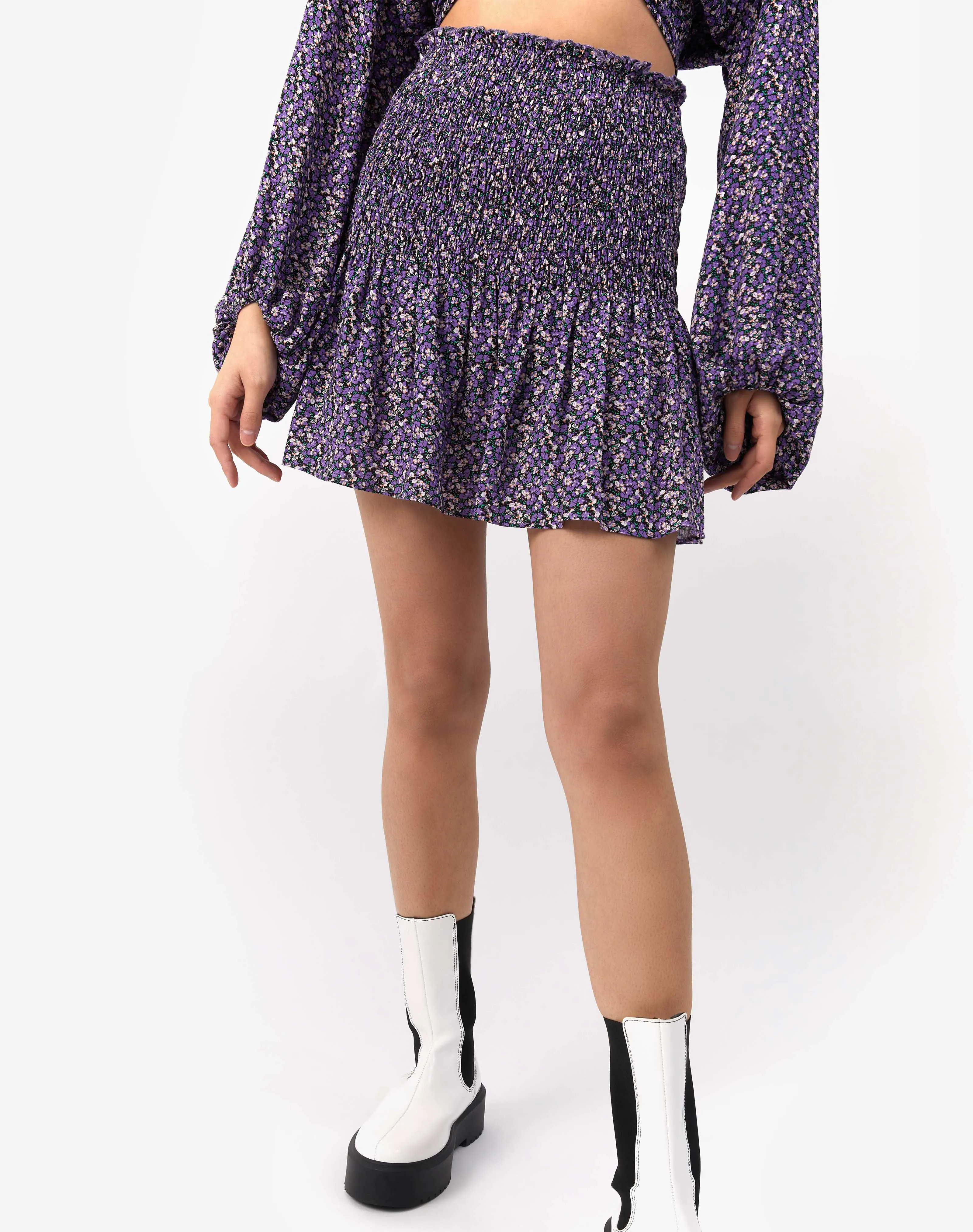 Shirred Waist Mini Skirt in Purple Floral | Una