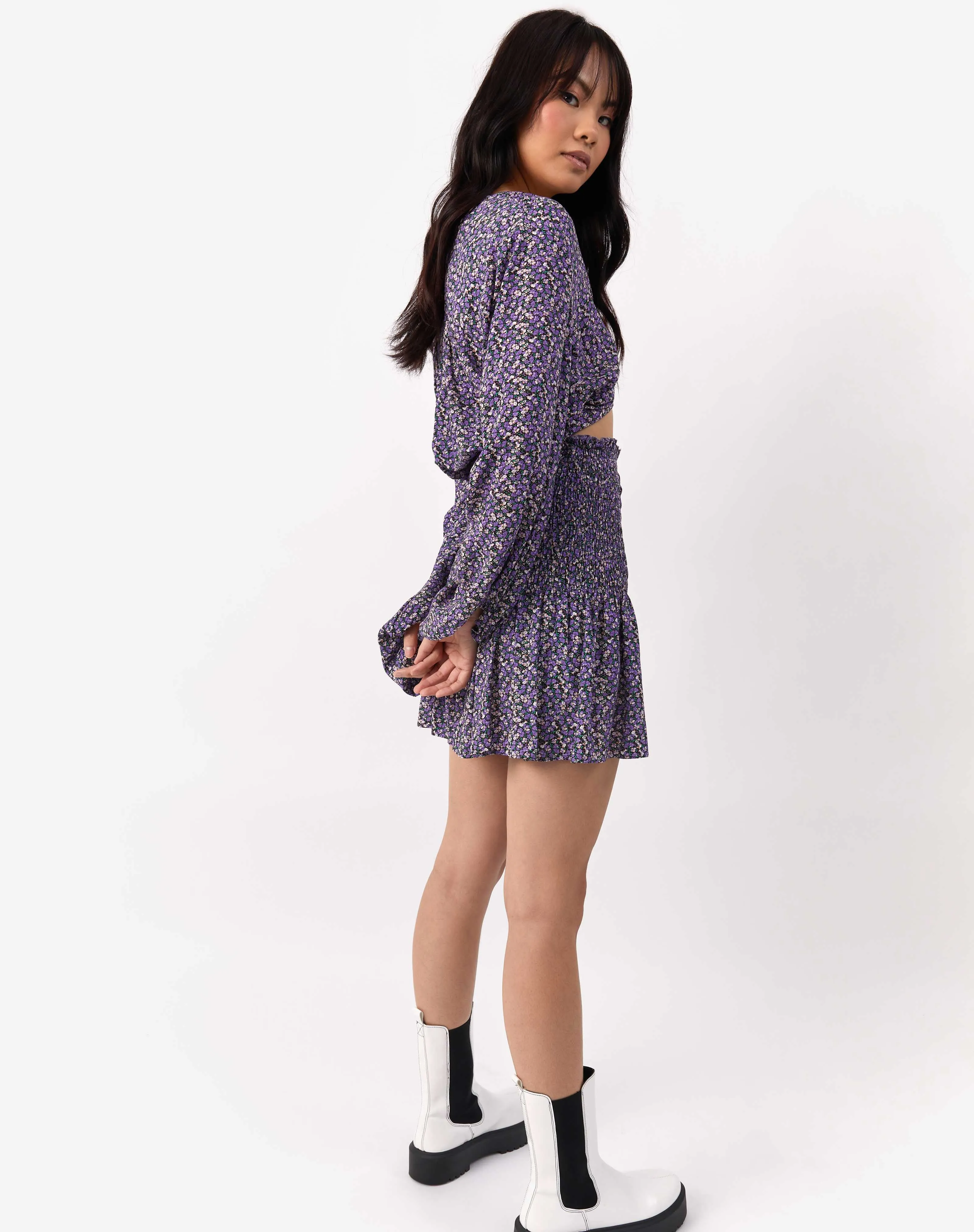 Shirred Waist Mini Skirt in Purple Floral | Una