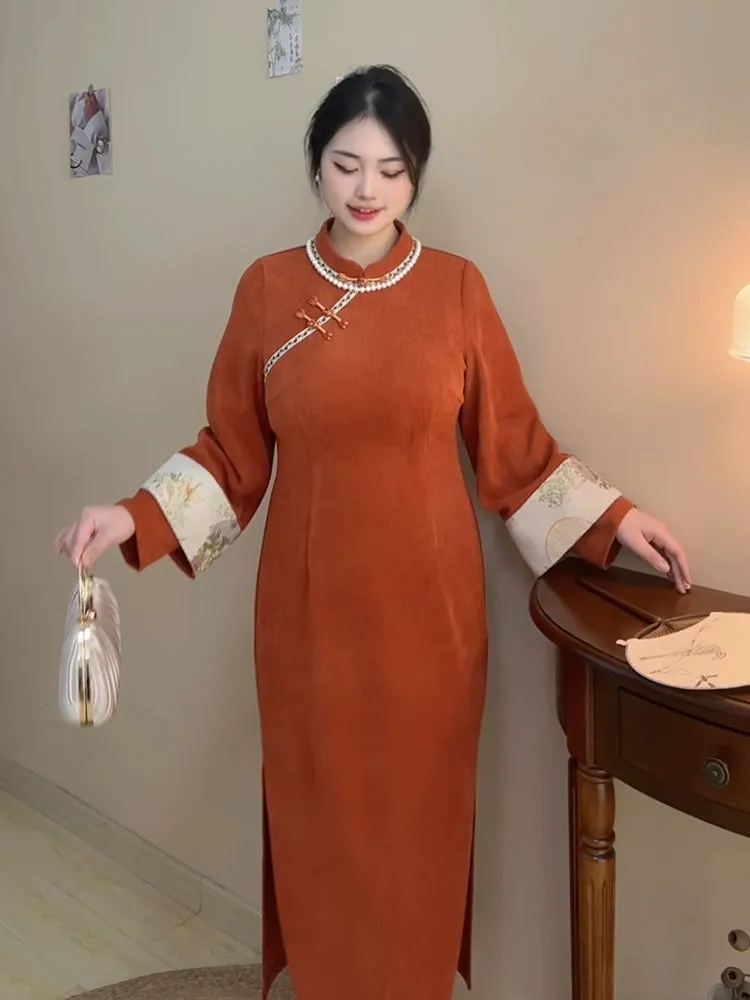 Shu 薯 Yam 1920s Inspired Plus Size Long Sleeve Winter Qipao & Majia Vest Set