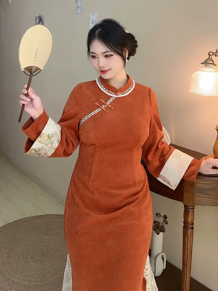 Shu 薯 Yam 1920s Inspired Plus Size Long Sleeve Winter Qipao & Majia Vest Set