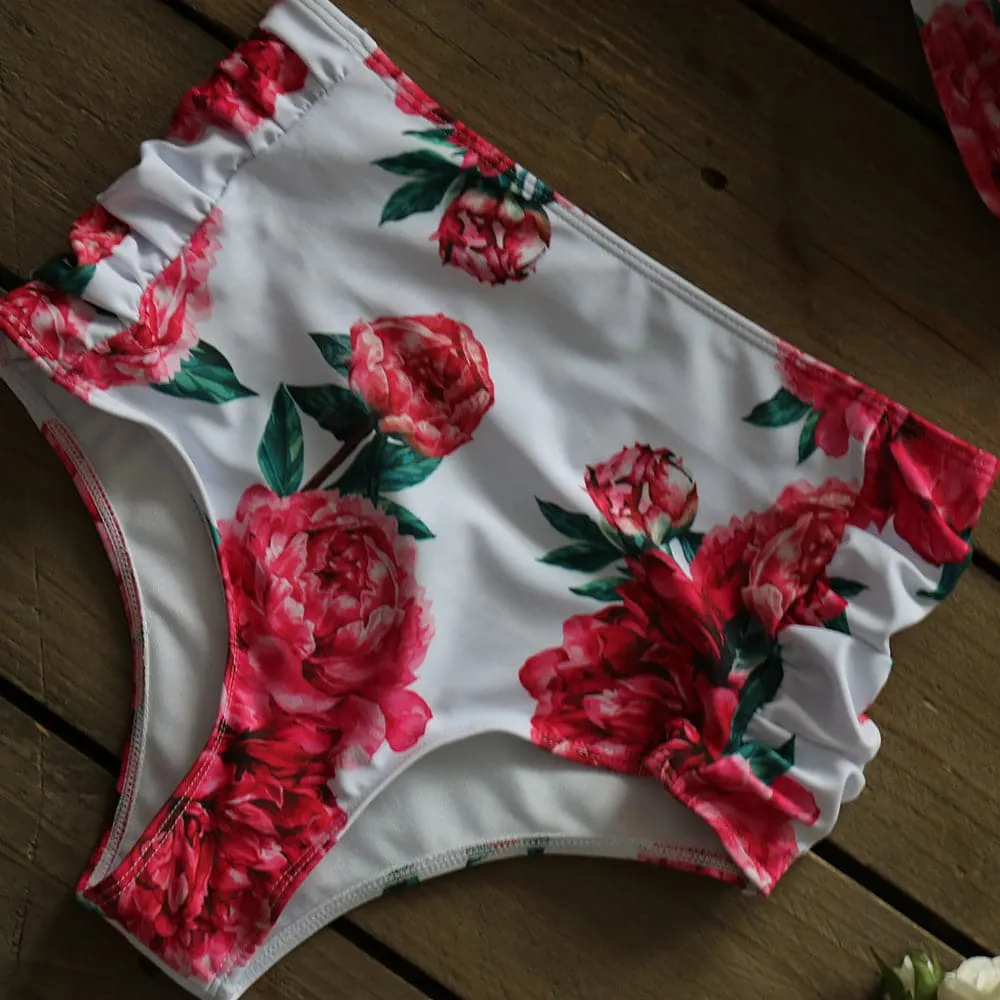 TEEK - Pink High Waist Floral Ruffle Bikini