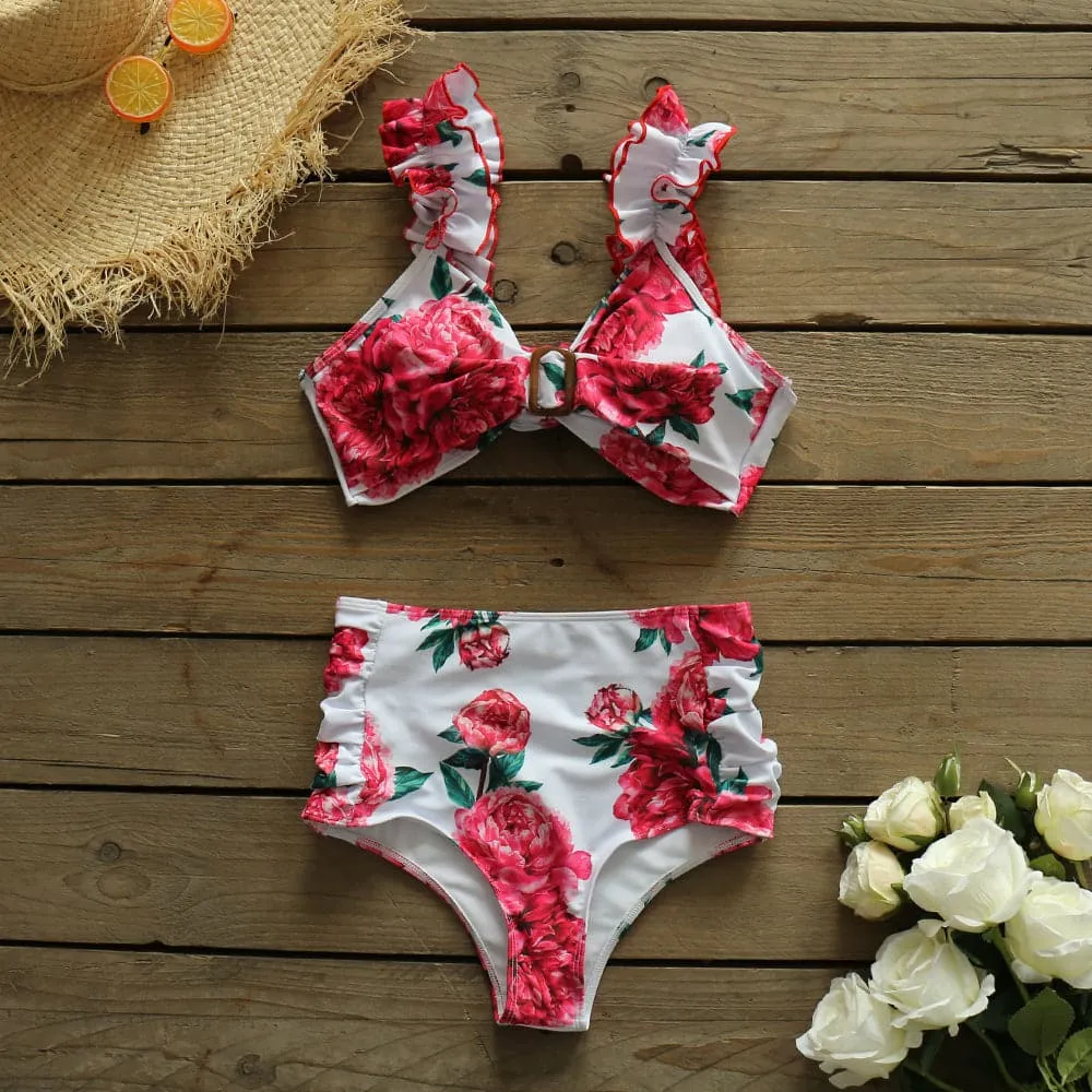 TEEK - Pink High Waist Floral Ruffle Bikini